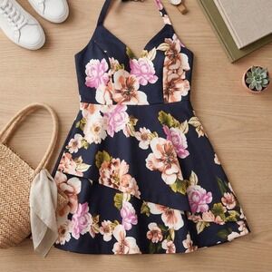 NWT Speechless Floral Mini Dress Women 20 Navy Blue Pink Ruffle Skater Fit Flare